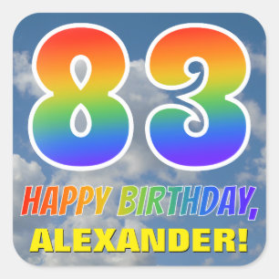 Regenboogblik "83" & "HAPPY BIRTHDAY", wolken, Sky Vierkante Sticker