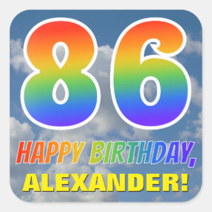 Regenboogblik "86" & "HAPPY BIRTHDAY", wolken, Sky Vierkante Sticker