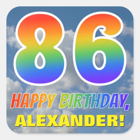 Regenboogblik "86" & "HAPPY BIRTHDAY", wolken, Sky Vierkante Sticker (Voorkant)