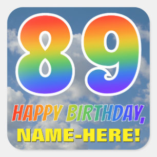 Regenboogblik "89" & "GELUKKIGE VERJAARDAG", Wolke Vierkante Sticker