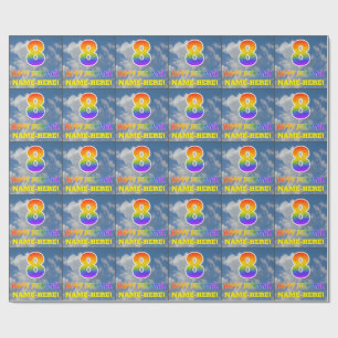Regenboogblik "8" en "HAPPY BIRTHDAY", wolken, Sky Cadeaupapier