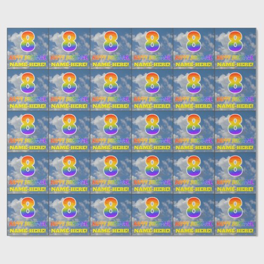 Regenboogblik "8" en "HAPPY BIRTHDAY", wolken, Sky Cadeaupapier (Vlak)
