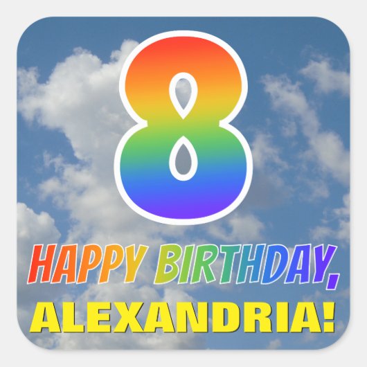 Regenboogblik "8" en "HAPPY BIRTHDAY", wolken, Sky Vierkante Sticker (Voorkant)
