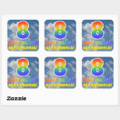 Regenboogblik "8" en "HAPPY BIRTHDAY", wolken, Sky Vierkante Sticker (Vel)