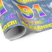 Regenboogblik "91" & "HAPPY BIRTHDAY", wolken, Sky Cadeaupapier (Rol Hoek)