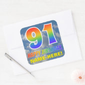Regenboogblik "91" & "HAPPY BIRTHDAY", wolken, Sky Vierkante Sticker (Envelop)