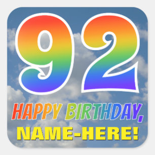 Regenboogblik "92" & "HAPPY BIRTHDAY", wolken, Sky Vierkante Sticker