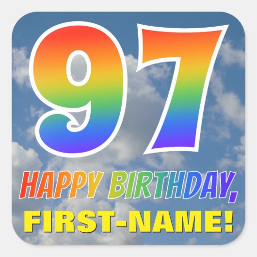Regenboogblik "97" & "HAPPY BIRTHDAY", wolken, Sky Vierkante Sticker (Voorkant)