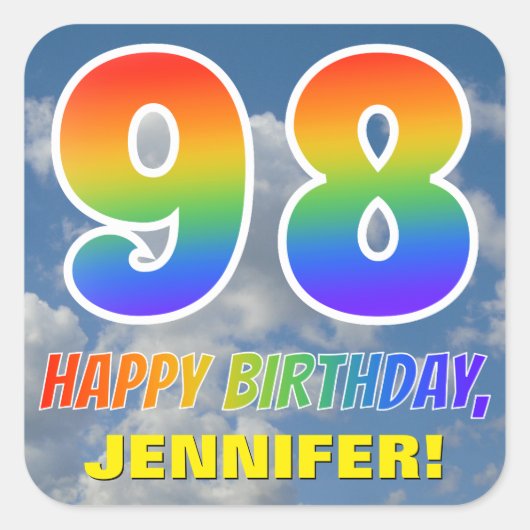 Regenboogblik "98" & "HAPPY BIRTHDAY", wolken, Sky Vierkante Sticker (Voorkant)