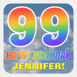 Regenboogblik "99" & "HAPPY BIRTHDAY", wolken, Sky Vierkante Sticker