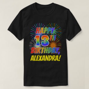 Regenboogblik HAPPY 13E MAANDAG; Fireworks + naam T-shirt