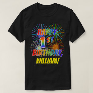 Regenboogblik HAPPY 1ST BIRTHDAY; Fireworks + naam T-shirt