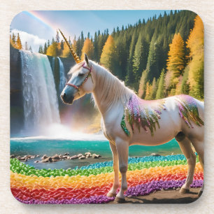 Regenboogbloemen Eenhoorn Groene bomen Waterval La Bier Onderzetter