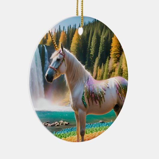 Regenboogbloemen Eenhoorn Groene bomen Waterval La Keramisch Ornament (Rechts)