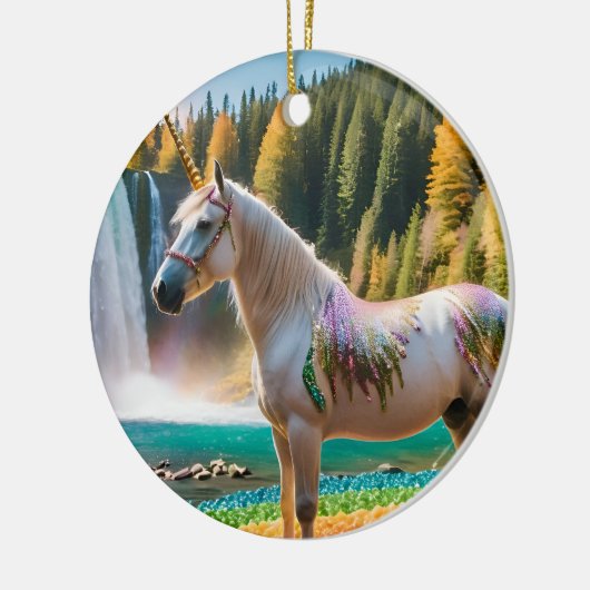 Regenboogbloemen Eenhoorn Groene bomen Waterval La Keramisch Ornament (Links)