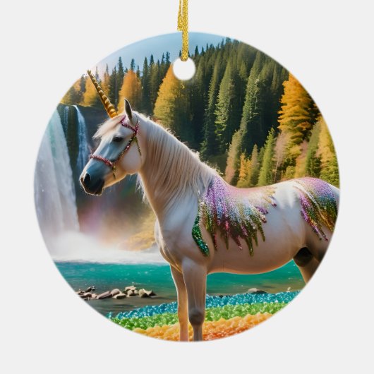 Regenboogbloemen Eenhoorn Groene bomen Waterval La Keramisch Ornament (Achterkant)