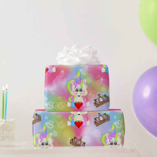 Regenboogbokeh Unicorns en kronen Cadeaupapier (Feestgeschenken)