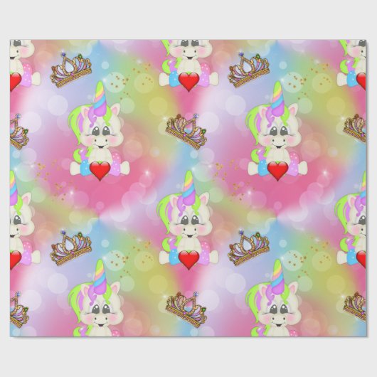 Regenboogbokeh Unicorns en kronen Cadeaupapier (Vlak)