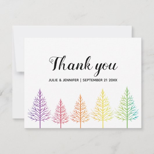 Regenboogbomen, confetti lesbische bruiloft Dank j Bedankkaart (Voorkant)