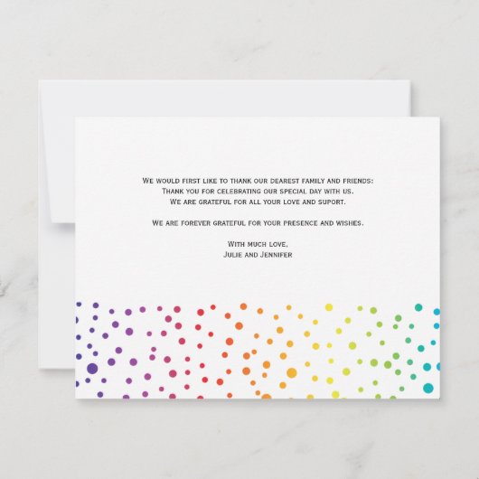 Regenboogbomen, confetti lesbische bruiloft Dank j Bedankkaart (Achterkant)