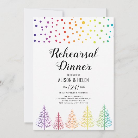 Regenboogbomen, lesbische bruiloft, diner kaart (Voorkant)