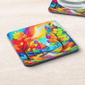 Regenboogbomen: levendig bos bier onderzetter (Linkerzijde)