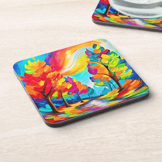 Regenboogbomen: levendig bos bier onderzetter (Linkerzijde)