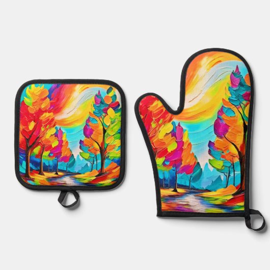 Regenboogbomen: levendig bos ovenwant & pannenlap set (Voorkant)