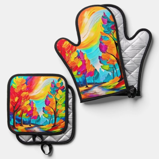 Regenboogbomen: levendig bos ovenwant & pannenlap set (Voorkant / Achterkant)