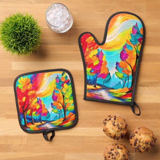 Regenboogbomen: levendig bos ovenwant & pannenlap set (Top down)