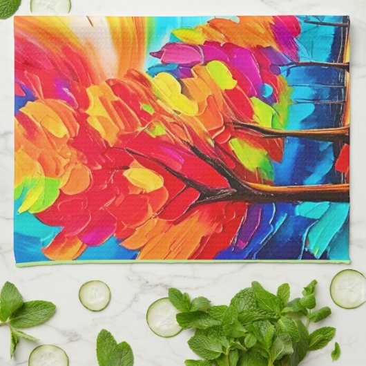 Regenboogbomen: levendig bos theedoek (Gevouwen)