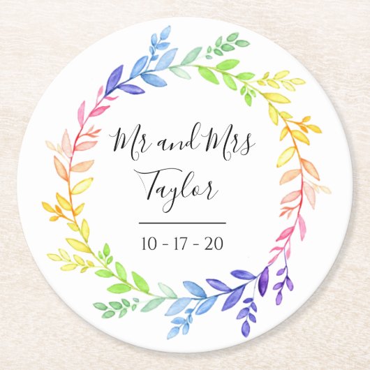 Regenboogbotanische lederbruiloft ronde kartonnen onderzetter (Voorkant)