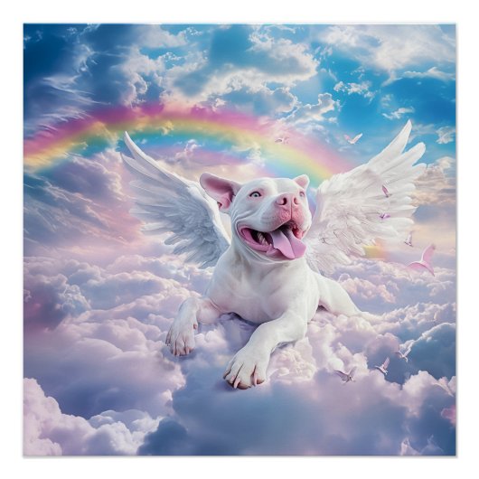 Regenboogbrug, witte hond in de hemel perfect poster (Voorkant)