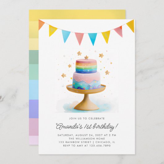 RegenboogCake en sterretjes eerste verjaardag Kaart (Voorkant / Achterkant)