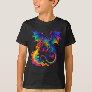 Regenboogdraak ademt kleurrijke vlammen fantasie t-shirt