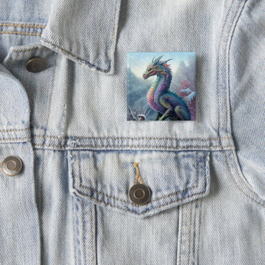 Regenboogdraak in de sneeuwvloed vierkante button 5,1 cm (In situ)