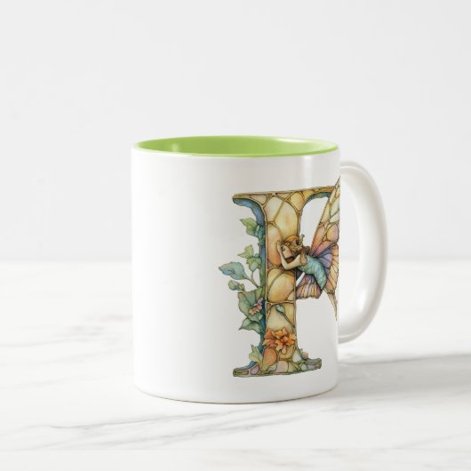 Regenboogfee initiële 'F'  Tweekleurige Koffiemok (Voorkant rechts)