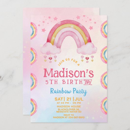 Regenboogfeest 5e verjaardag uitnodiging (Voorkant / Achterkant)