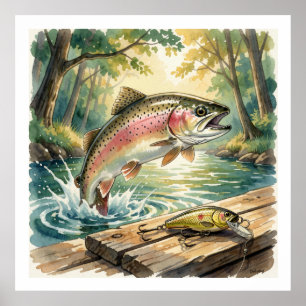 Regenboogforel die springt in bosbeek aquarel poster