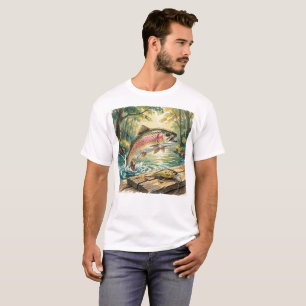 Regenboogforel die springt in bosbeek aquarel t-shirt