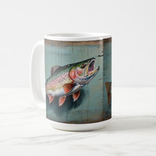 Regenboogforel, rustiek, cabine vibe, boerderij st koffiemok (Voorkant links)