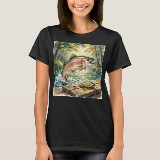 Regenboogforel springend in bosbeek aquarel t-shirt (Voorkant)