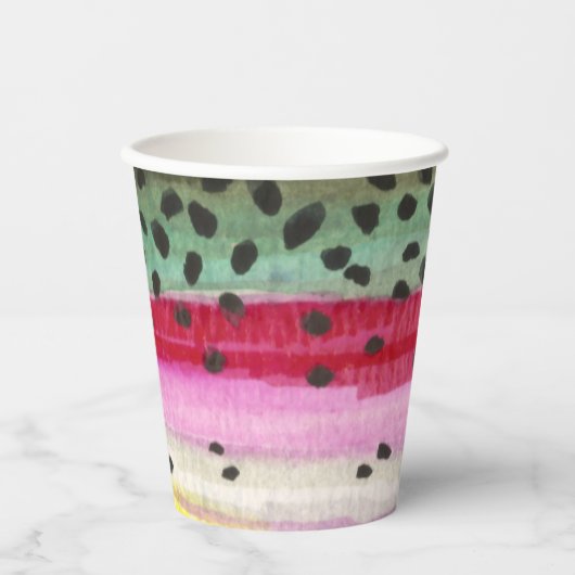 Regenboogforel vliegt elke dag weer op zee papieren bekers (Voorkant)