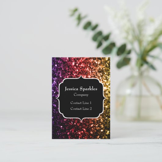 Regenbooggele rode paarse sparken met monogram visitekaartje (Staand voorkant)