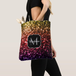 Regenbooggele rode paarse sparren Monogram Tote Bag