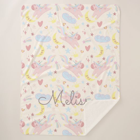 regenbooggelukkig unicorn sterren pastelmonogram sherpa deken (Voorkant)