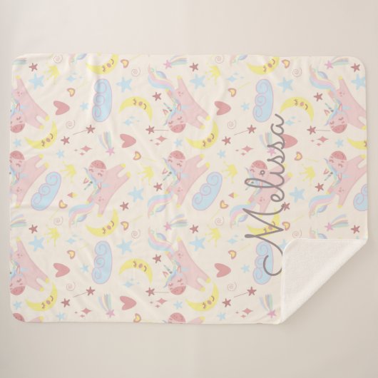 regenbooggelukkig unicorn sterren pastelmonogram sherpa deken (Voorkant (horizontaal))