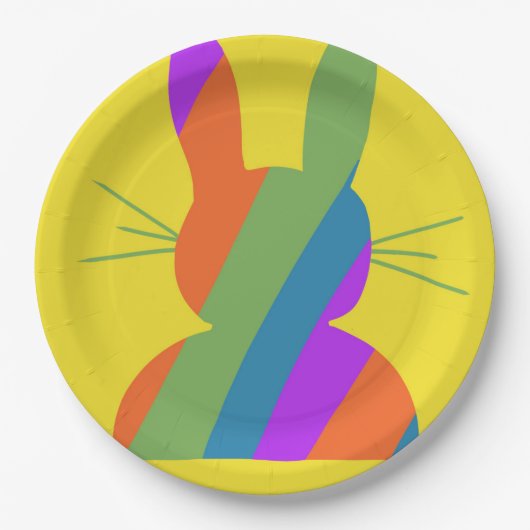 Regenbooggestreepte paashaas papieren bordje (Voorkant)