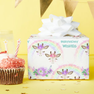 RegenboogGiraffe in Birthday Cadeaupapier
