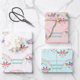 RegenboogGiraffe in Birthday Inpakpapier Vel